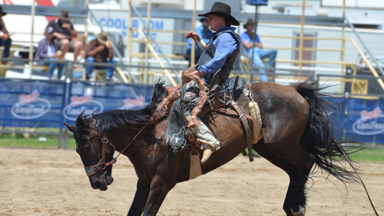 Sam Randall from Scone (NSW) in saddle bronc action at the Warwick Rodeo.