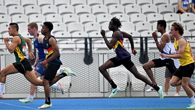 Athletes compete a Men U18 100m heat during the Victorian Track & Field Championships at Lakeside Stadium in Albert Park, Saturday, Feb. 25, 2023.Picture: Andy Brownbill