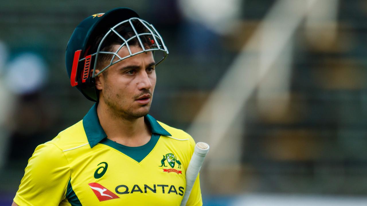 Marcus Stoinis walks off the pitch after losing his wicket during the final of the tri-series played between Pakistan and Australia.