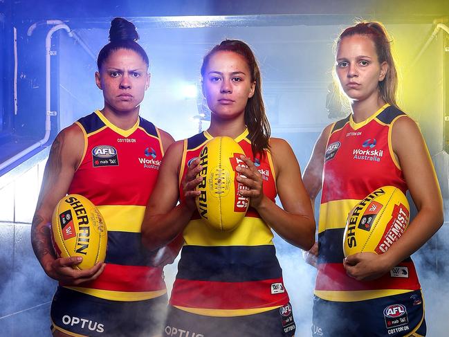 Crows players Stevie-Lee Thompson, Justine Mules and Danielle Porter. Picture: Sarah Reed