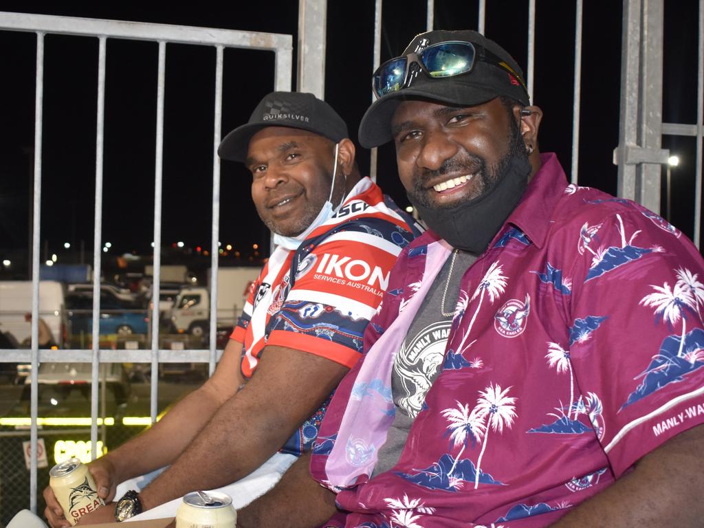 Muss Sagigi (left) and Frank Cook at the Manly Sea Eagles v Sydney Roosters NRL semi final match at BB Print Stadium, Mackay, September 17, 2021. Picture: Matthew Forrest