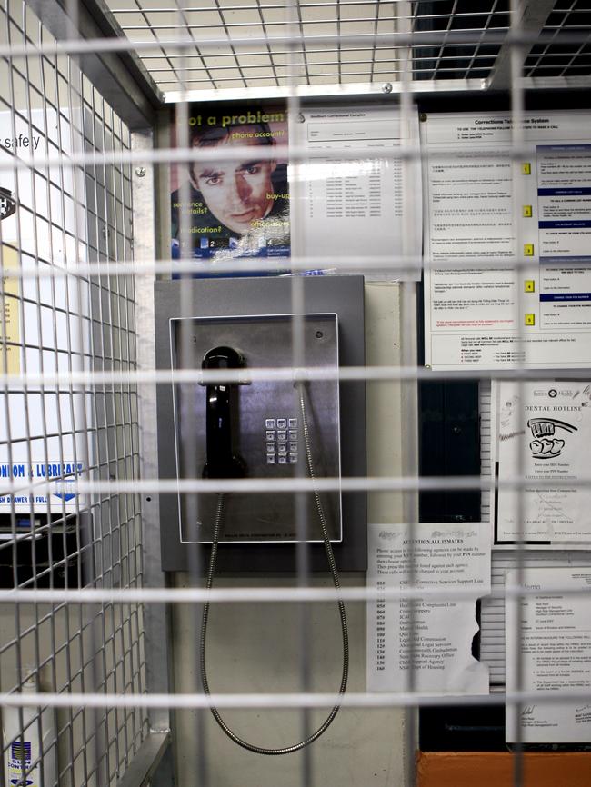 A phone inside a cage where inmates can make phone calls inside Goulburn prison. Picture: Supplied