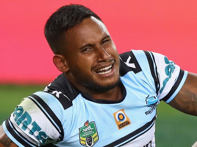 SYDNEY, AUSTRALIA - OCTOBER 02: Ben Barba of the Sharks celebrates victory during the 2016 NRL Grand Final match between the Cronulla Sutherland Sharks and the Melbourne Storm at ANZ Stadium on October 2, 2016 in Sydney, Australia. (Photo by Ryan Pierse/Getty Images)