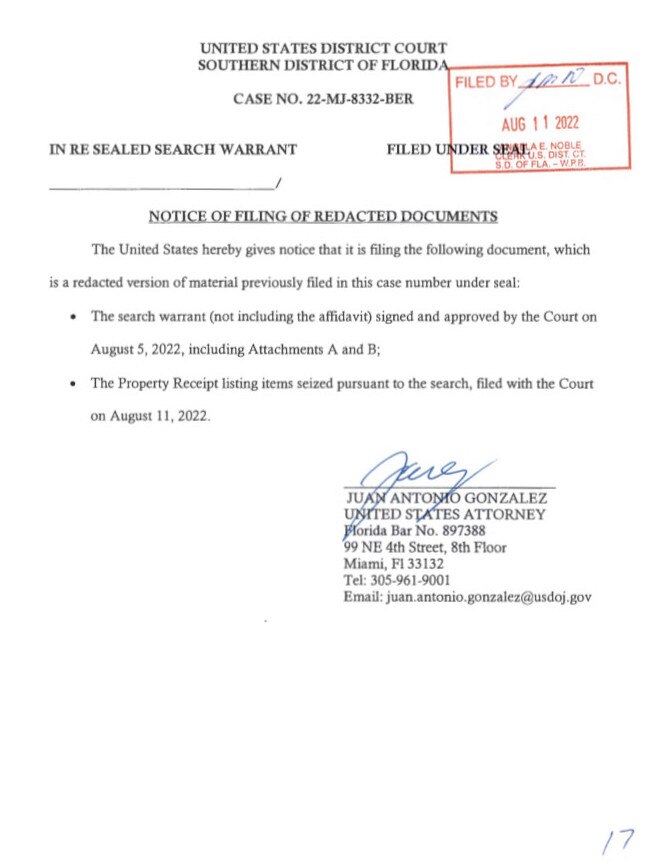 The search warrant was unsealed by a federal judge. Picture: Supplied