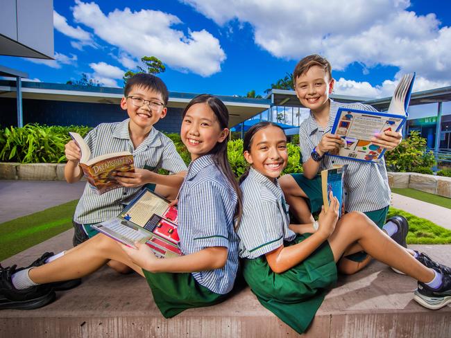 Sunnybank Hills State School Year 5 students Bryan Zheng, Alanna Lo, Sana Latona and Thomas Reid. Picture: Nigel Hallett