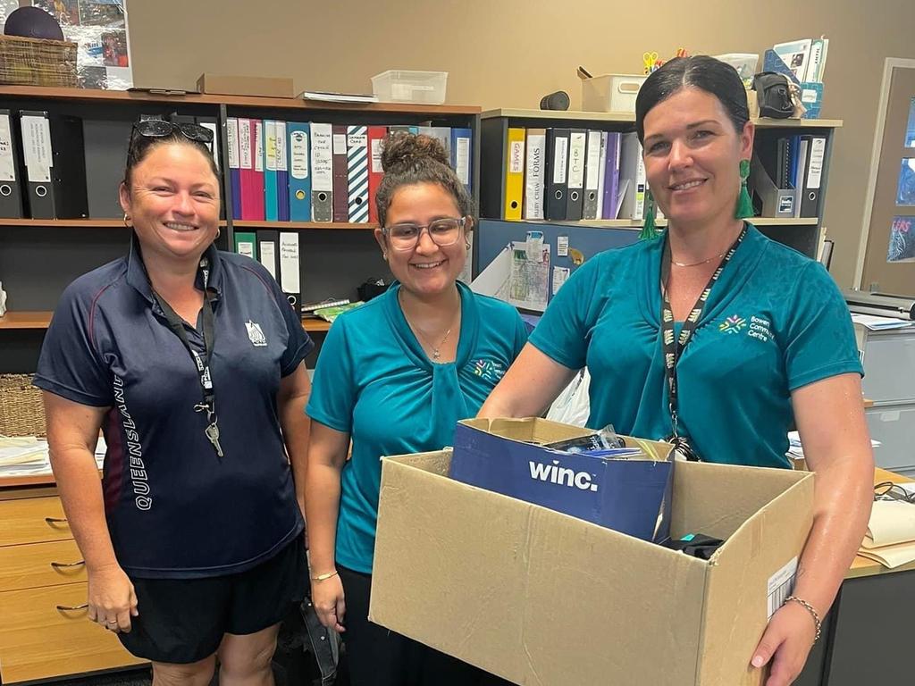 Bowen PCYC community development officer Lynn Butler with Bowen Neighbourhood Centre support staff Tahkeya Cora and Lauren Moxham with donated toiletries at Bowen PCYC, January 2023. Photo: Contributed