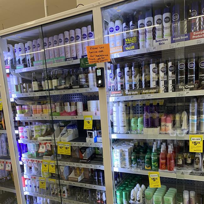 Aerosol deodorants locked up at Woolworths Australia Fair. Picture: Ann Wason Moore