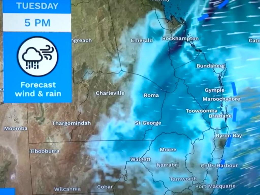 Late on Tuesday the rain event was moving from Rockhampton south towards Brisbane and NSW. Picture: BOM.