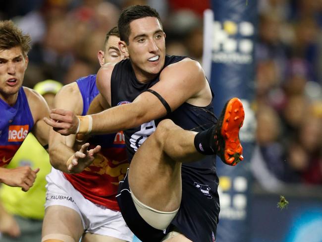 Jacob Weitering copped a tough deliberate out of bounds free kick. Picture: Getty Images