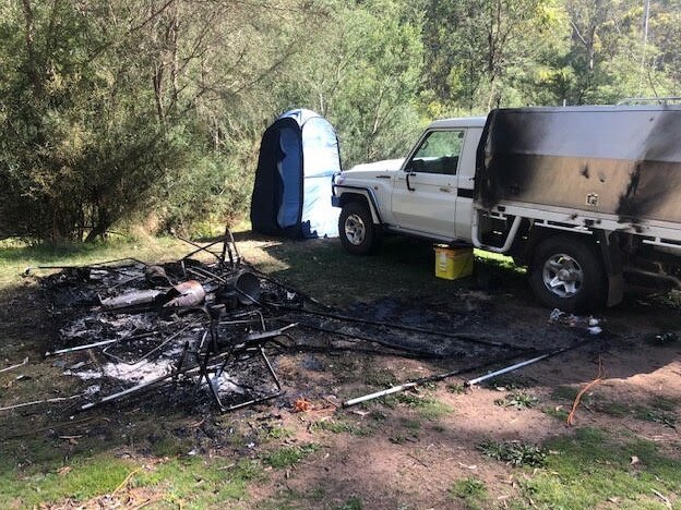 Photos taken by another camper of Russell Hill and Carol Clay’s destroyed campsite. Picture: Supplied.