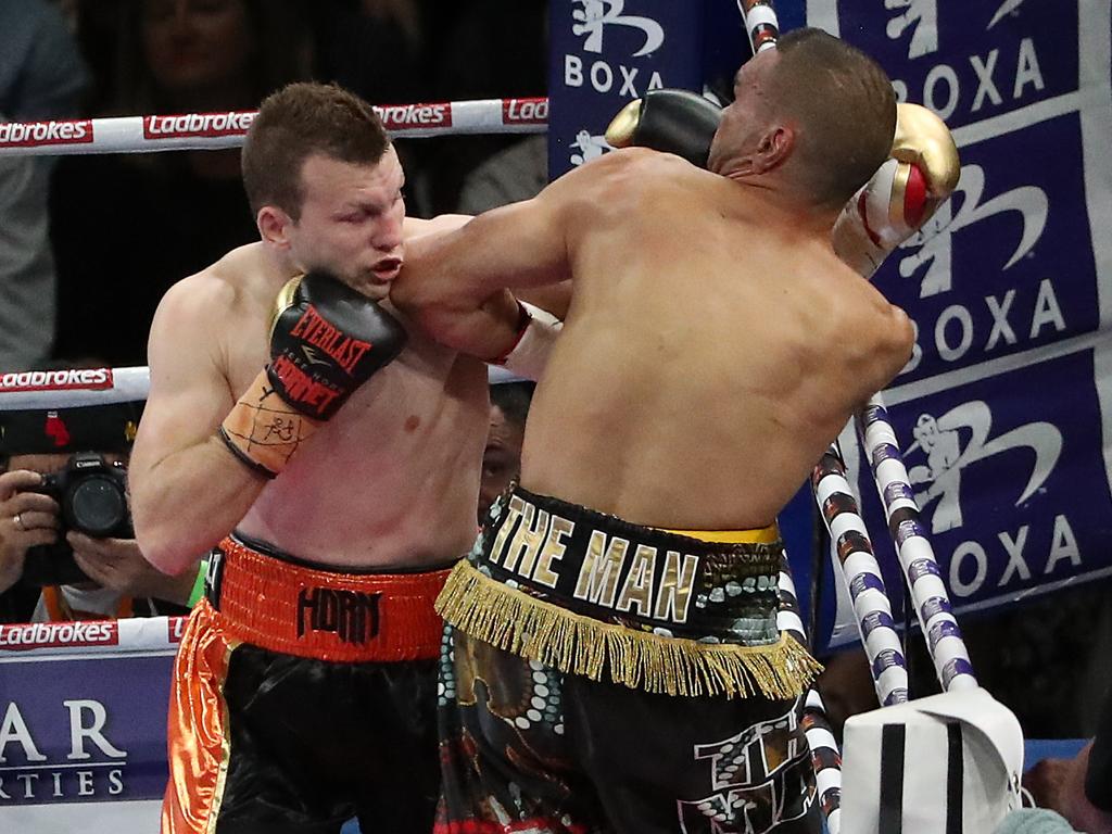 Jeff Horn unloads on Anthony Mundine. Picture: Peter Wallis