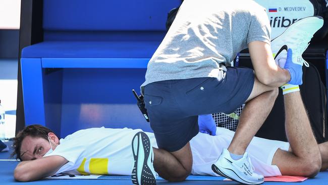 Medvedev required treatment during the five-setter. Picture: AFP