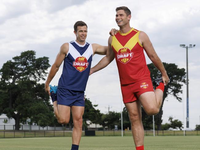 Former Richmond and GWS gun Brett Deledio (left) and recently retired Geelong superstar Tom Hawkins will make their respective returns to the footy field this year. Both have been named in the Carlton Draft which sends ex-AFL guns back to local footy for one-off appearances.