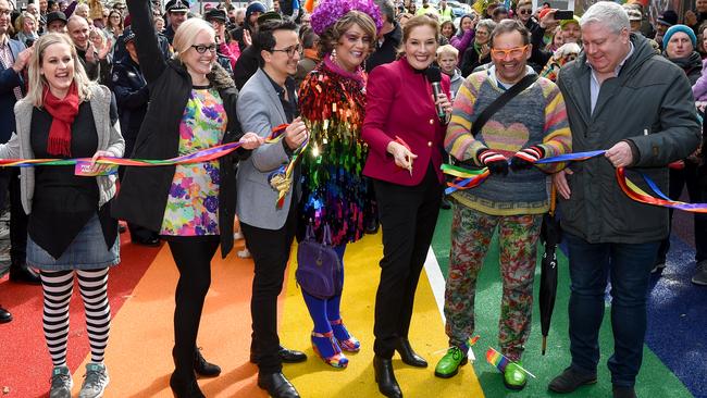 Former Port Phillip Mayor Bernadene Voss (centre) will Dolly Diamond and other councillors at the unveiling of St Kilda’s rainbow road in 2018. Picture: Penny Stephens