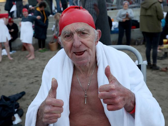 Graeme Mineall, 74, of Launceston, after participating in the 2018 Dark Mofo Nude Swim at Sandy Bay. Picture: SAM ROSEWARNE