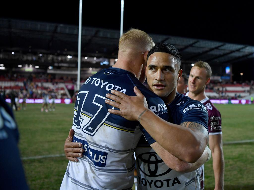 The Cowboys were slow to leave the field, savouring their come from behind victory. Picture: NRL Imagery