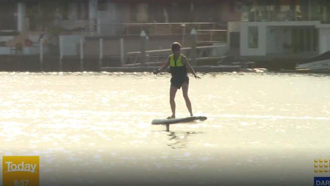 Langdon on the hydrofoil board before her injury. Picture: Channel 9