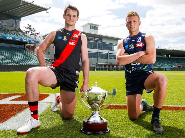 North Launceston's Alex Lee and Launceston Football Club's Jake Hinds will clash on Saturday in the TSL final at UTAS Stadium in Launceston. Picture: PATRICK GEE