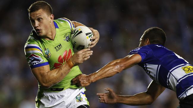 Canberra's Jack Wighton breaks away during NRL match Canterbury Bulldogs v Canberra Raiders at Belmore Sports Ground. Picture. Phil Hillyard