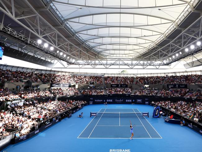 BRISBANE, AUSTRALIA - JANUARY 05: General view of the WomenÃ¢â¬â¢s Finals match between Aryna Sabalenka of Belarus against Polina Kudermetova during day eight of the 2025 Brisbane International at Pat Rafter Arena on January 05, 2025 in Brisbane, Australia. (Photo by Chris Hyde/Getty Images)