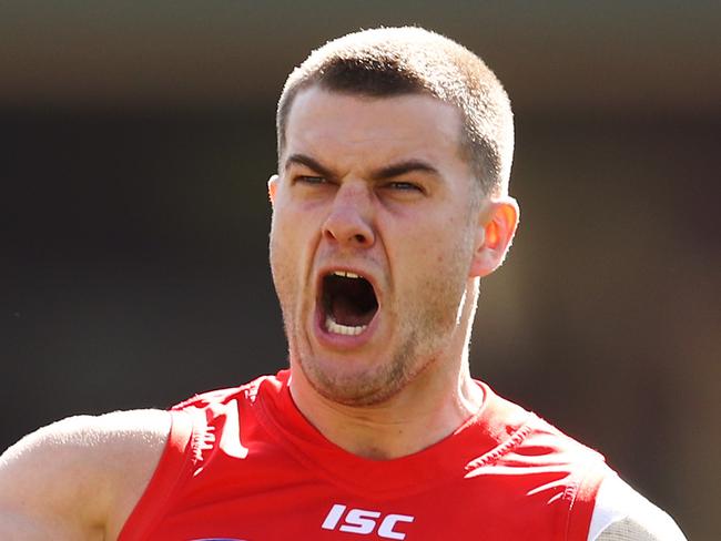 Tom Papley of the Swans celebrates kicking a goal during the Round 23 AFL match between the Sydney Swans and the St Kilda Saints at the SCG in Sydney, Saturday, August 24, 2019.  (AAP Image/Brendon Thorne) NO ARCHIVING, EDITORIAL USE ONLY