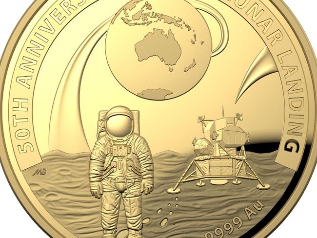 Fifty years since Moon landing celebrated with Royal Australian Mint’s first dome-shaped coloured nickel plated coin.