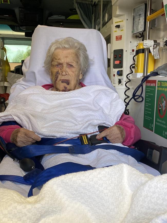 Agatha in the back of an ambulance, where she was stuck for three hours on Monday morning at the RAH. Pictured supplied