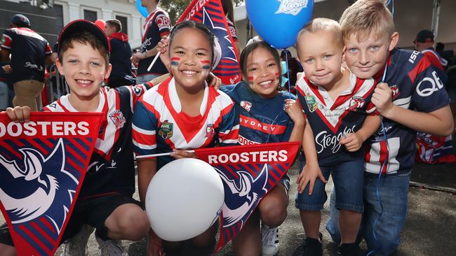 Roosters fans Riley O'Halloran, Stella Joson, Kimi Rivera, Lucas Crawford and Keelan Crawford. Picture: Richard Dobson