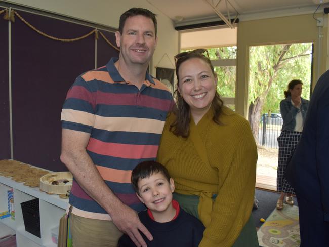 Gerard O'Shea, Rohan and Lauren Downey at Mirboo North Primary School's first day of Grade Prep on Wednesday, January 29, 2025. Picture: Jack Colantuono