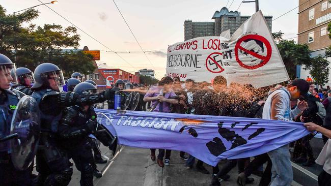 Police were forced to used pepper spray to disperse protesters. Picture: Jake Nowakowski