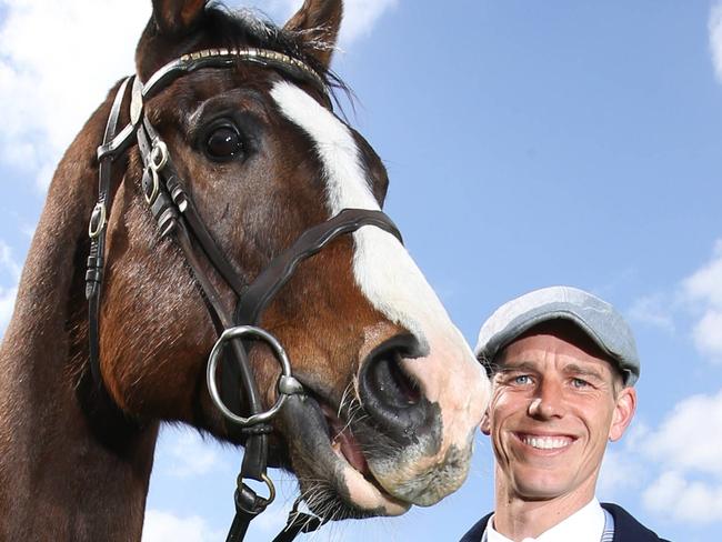 Former race horseLord Oberon that played a role of fairytale Melbourne Cup winner Prince of Penzance in the upcoming Michelle Payne movie Ride Like a Girl, will play a starring part in this year's Spring Carnival. Jockey Chris Symons has trained the horse for his new role as horseback reporter for Channel Seven this season. Symons will dress in 1920s themed outfits for his role.      Picture: David Caird