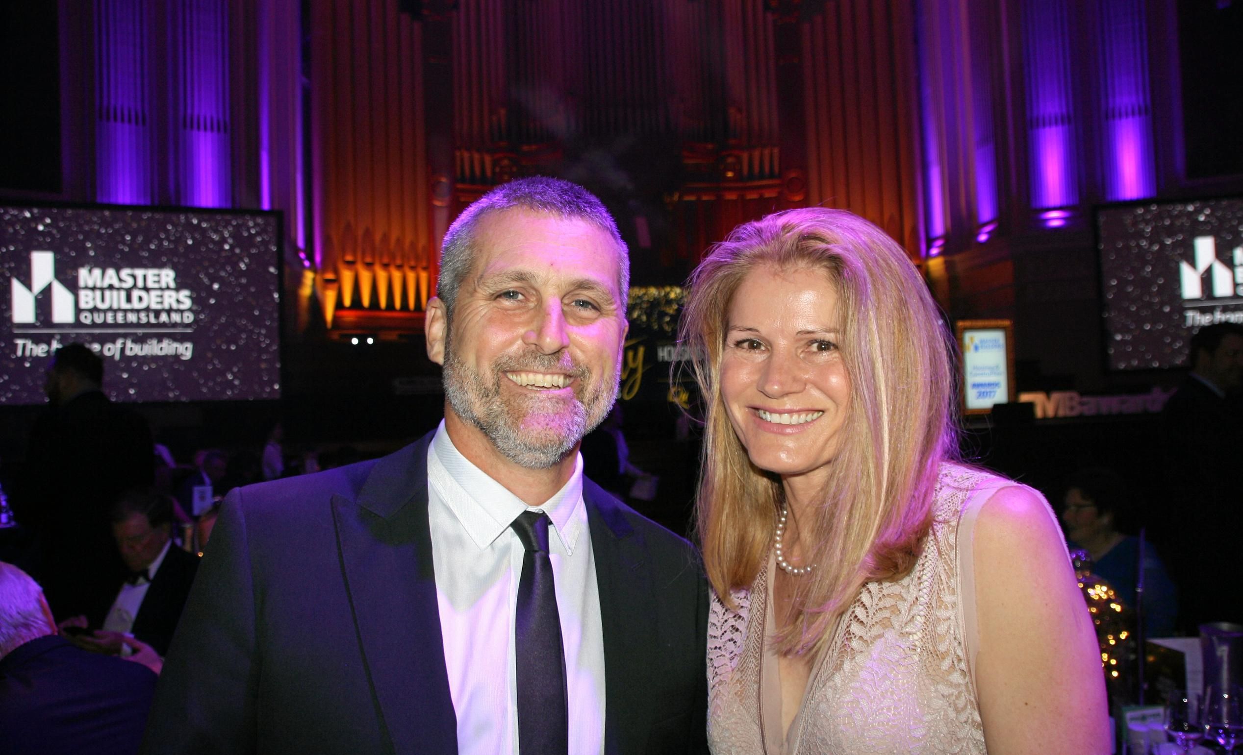 Master Builders Sunshine Coast regional manager Will Wilson catches up with Naomi Herron at the 2017 Master Builders Queensland Housing and Construction Awards at Brisbane City Hall. Picture: Erle Levey