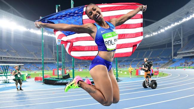 Brianna Rollins celebrates winning gold medal in the Rio Olympic women's 100m hurdles final.