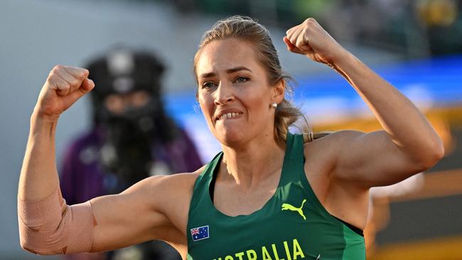 Australia's Kelsey-Lee Barber celebrates while competing in the women's javelin throw finals during the World Athletics Championships. Picture: AFP