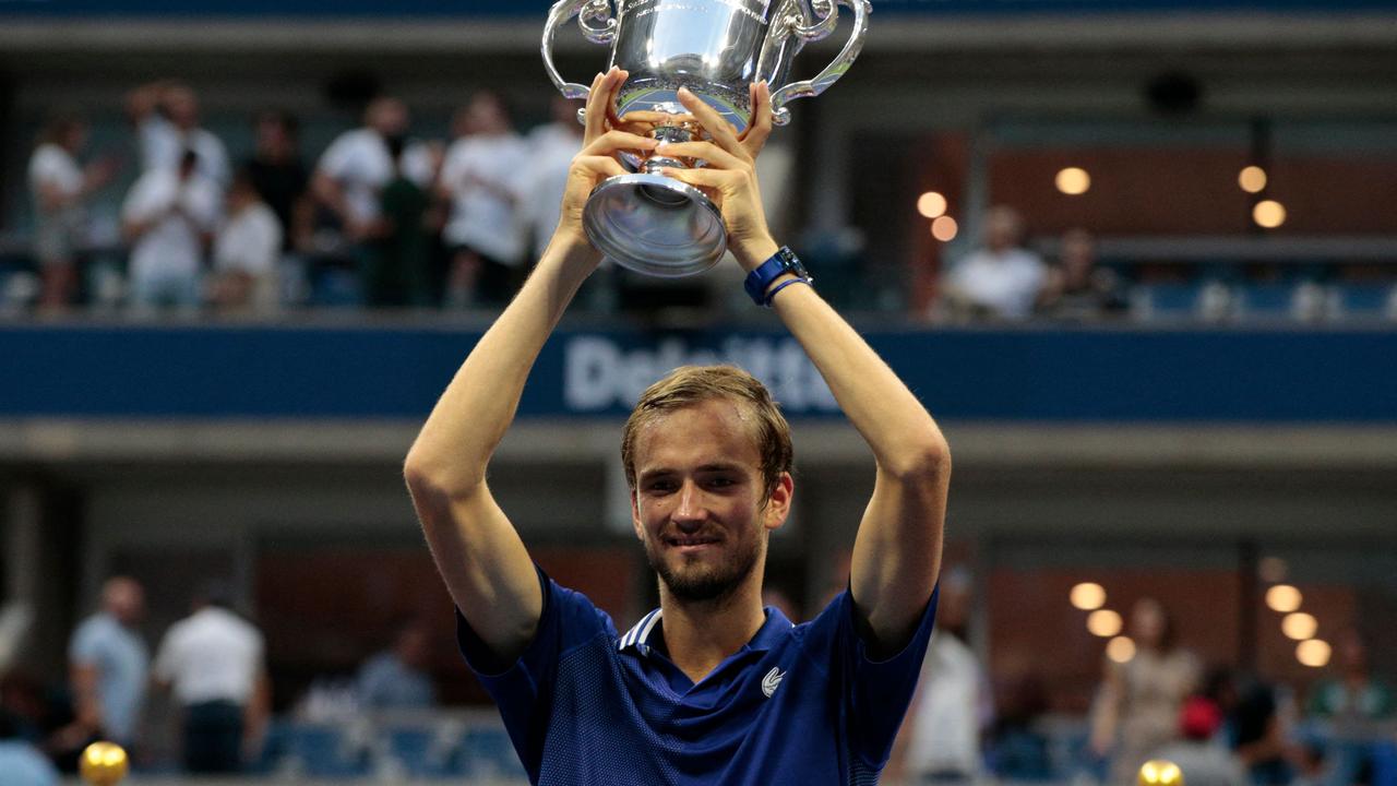 Russia's Daniil Medvedev celebrates with the trophy