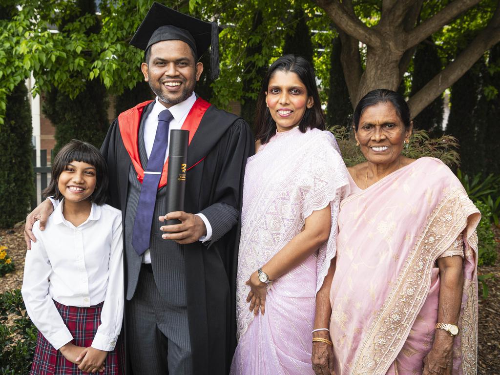 Master of Cyber Security graduate Pathirage Sajith Harsha with family (from left) Ahasna Pathirage, Harshanie Dahanayake and Shanthinie Dahanayake at UniSQ graduation ceremony at The Empire, Tuesday, October 29, 2024. Picture: Kevin Farmer