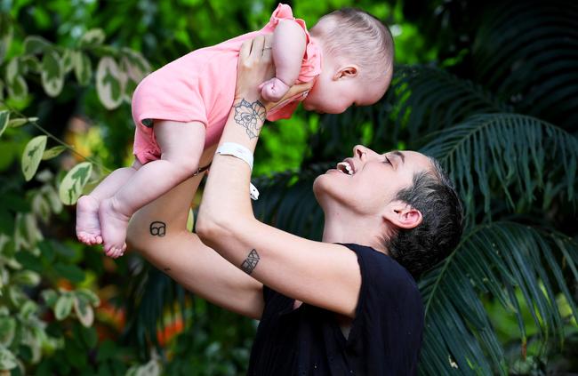 After five months of chemotherapy, new mum Fanny McKenzie is looking forward to spending her first Mother’s Day with her baby Léna at home in Darwin. Picture: Keri Megelus