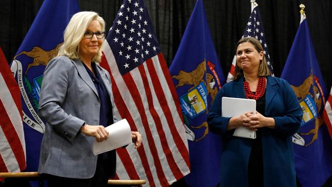 Liz Cheney appears on the hustings for Democrat Representative Elissa Slotkin in Lansing, Michigan, on Tuesday. Picture: AFP