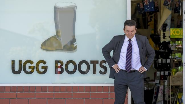 Nick Xenophon in October, 2021 at Northside Souvenirs, in Pooraka, pushing his trademark case for ugg boots manufacturers. Picture Roy VanDerVegt