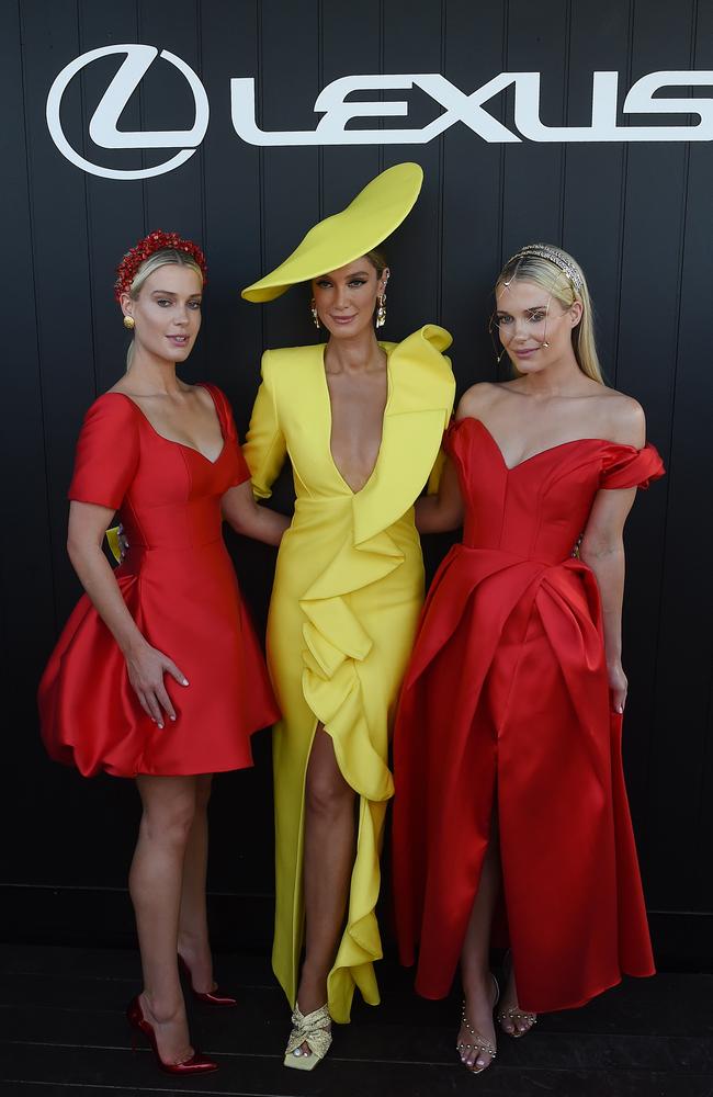 Lady Amelia Spencer, Delta Goodrem and Lady Eliza Spencer in the Lexus marquee. Picture: Josie Hayden