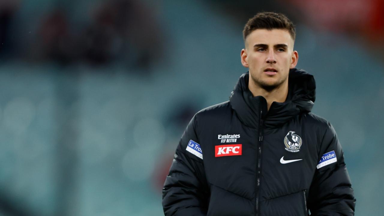 MELBOURNE, AUSTRALIA - SEPTEMBER 07: John Noble and Nick Daicos of the Magpies are seen during the 2023 AFL First Qualifying Final match between the Collingwood Magpies and the Melbourne Demons at Melbourne Cricket Ground on September 07, 2023 in Melbourne, Australia. (Photo by Dylan Burns/AFL Photos via Getty Images)