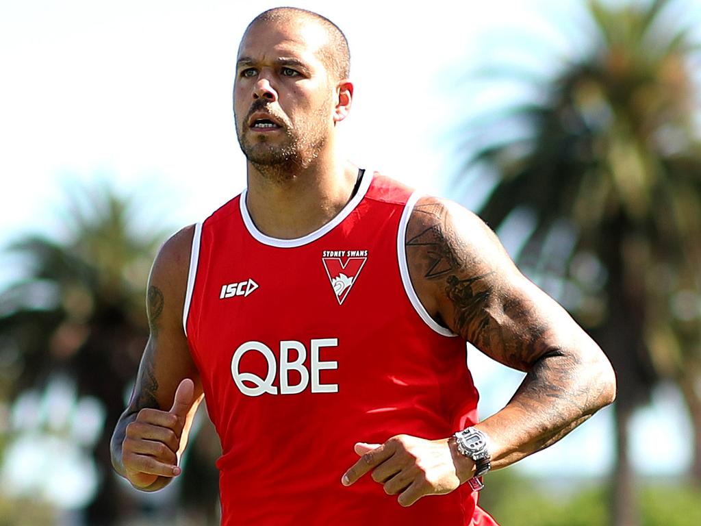 Lance Franklin returns early to training to do some post injury running at the Sydney Swans first pre season training session for 2-6 year players. Picture. Phil Hillyard