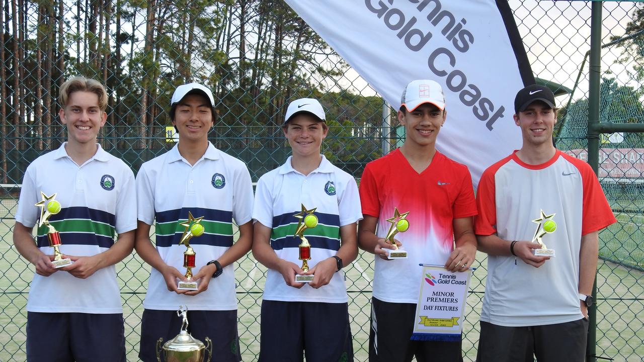 Tennis Gold Coast winners (from left to right): Marcus Ibsen, Maito Yamaguchi, Jack Newman, Lucas Crummer, Austin Shipard. Pic: Supplied.