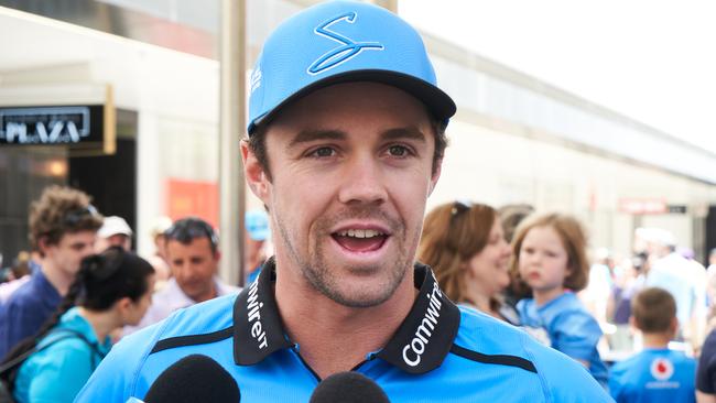 Skipper, Travis Head talks to the media in Rundle Mall, Adelaide, ahead of the BBL clash against the Renegades, Saturday, Jan. 11, 2020. Picture: MATT LOXTON