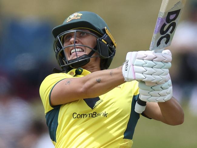 WELLINGTON, NEW ZEALAND - DECEMBER 23: Ashleigh Gardner of Australia bats during game three of the Women's ODI series between New Zealand and Australia at Basin Reserve, on December 23, 2024, in Wellington, New Zealand. (Photo by Hagen Hopkins/Getty Images)