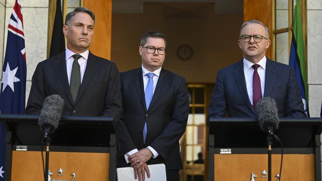 Deputy Prime Minister and Defence Minister Richard Marles, Defence Industry Minister Pat Conroy, and Prime Minister Anthony Albanese releasing the Defence Strategic Review at Parliament House, Canberra, on April 24. Picture: Martin Ollman/NCA NewsWire