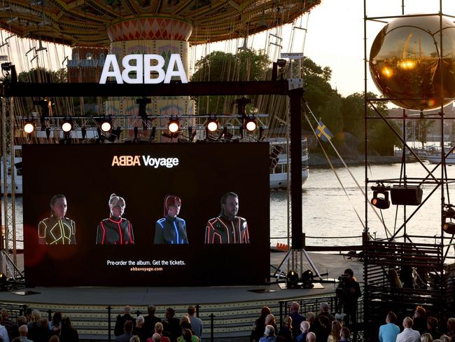 The “ABBAtars” seen at the launch of Voyage in Stockholm. Picture: AFP