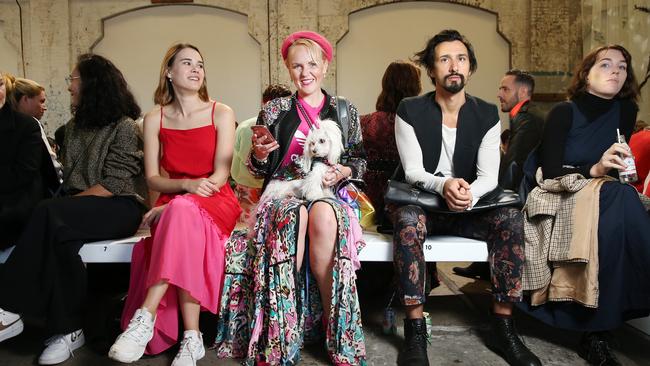 Angela White pictured with her dog Miss Daisy at the front row of the Lee Mathews runway show at Mercedes Benz Fashion Week Australia held at Carriageworks in Darlington Sydney. Picture: Richard Dobson