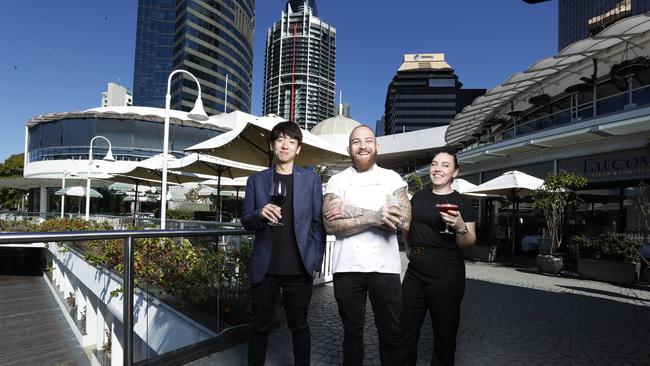 Tom Ahn (venue manager at Rico), Kadu Imbroisi (Head Chef at Fat Cow) and Katelyn Armitt (Supervisor at Naga Thai). Their businesses were issued with eviction notices ahead of a Dexus redevelopment. Picture: Lachie Millard