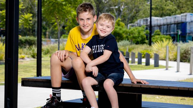 Kruz Greensill, 14, and six-year-old Kaiden Hyde and reunite for the first time since near-fatal drowning. Picture: Richard Walker